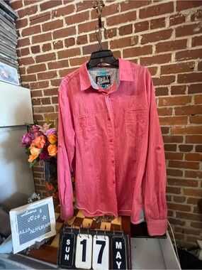 Drill NYC red casual button-down shirt with pockets.